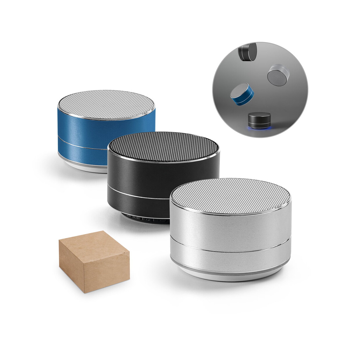 FLOREY. Przenośny głośnik 3 W z baterią o żywotności 3 godzin, wykonany w aluminium recyklingu (100% rAL) i ABS pochodzącego z recyklingu (100% rABS) 97252_set